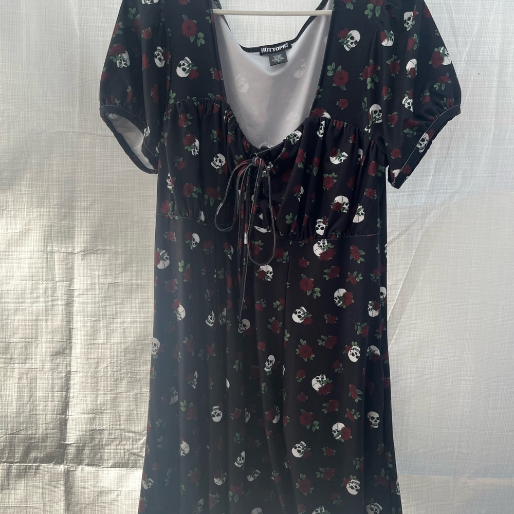 Hot Topic Black Dress with Skull and Rose Pattern